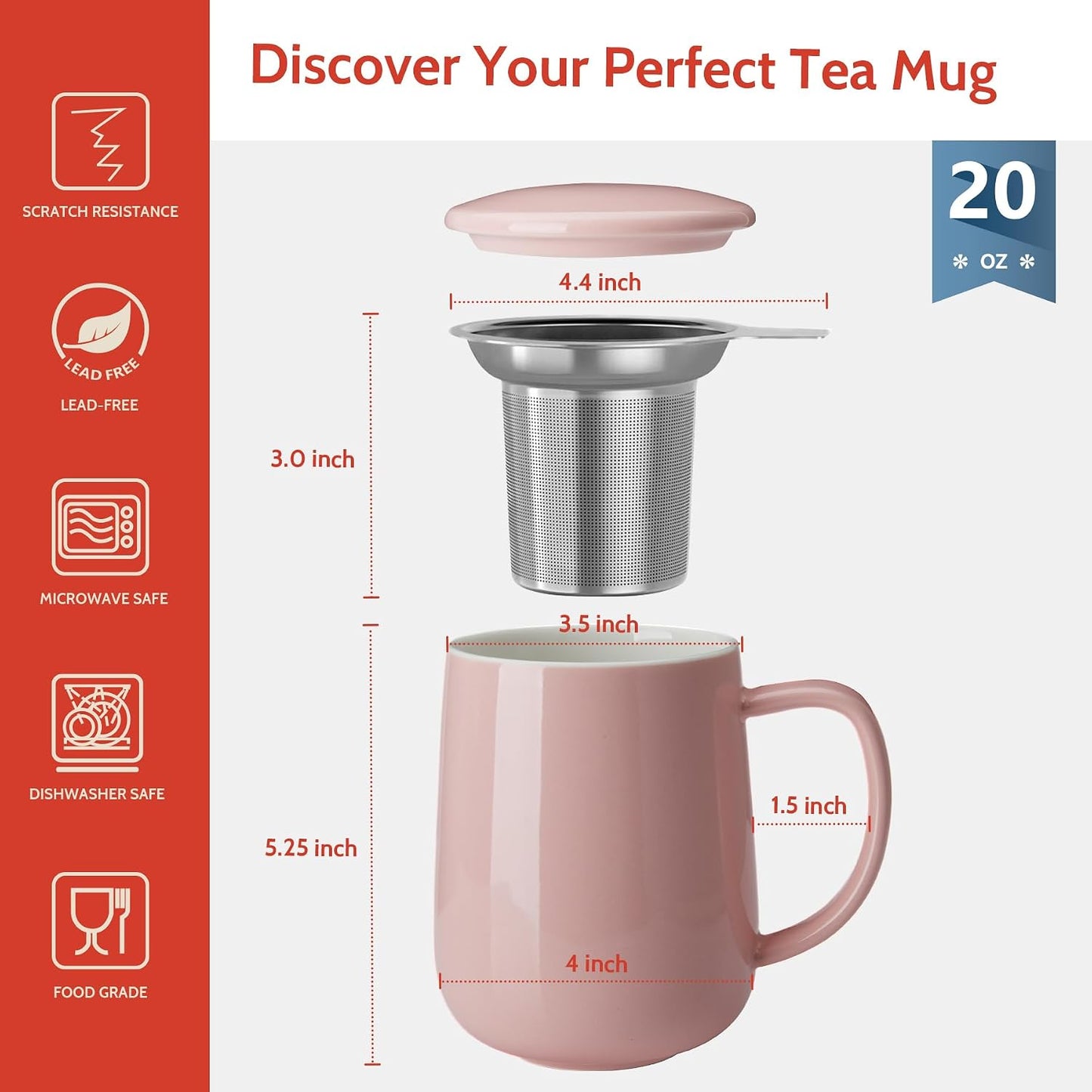 Sweese 20 OZ Porcelain Tea Mug with Infuser and Lid, Loose Leaf Tea Cup, Gifts for Tea Lover - Mint Green