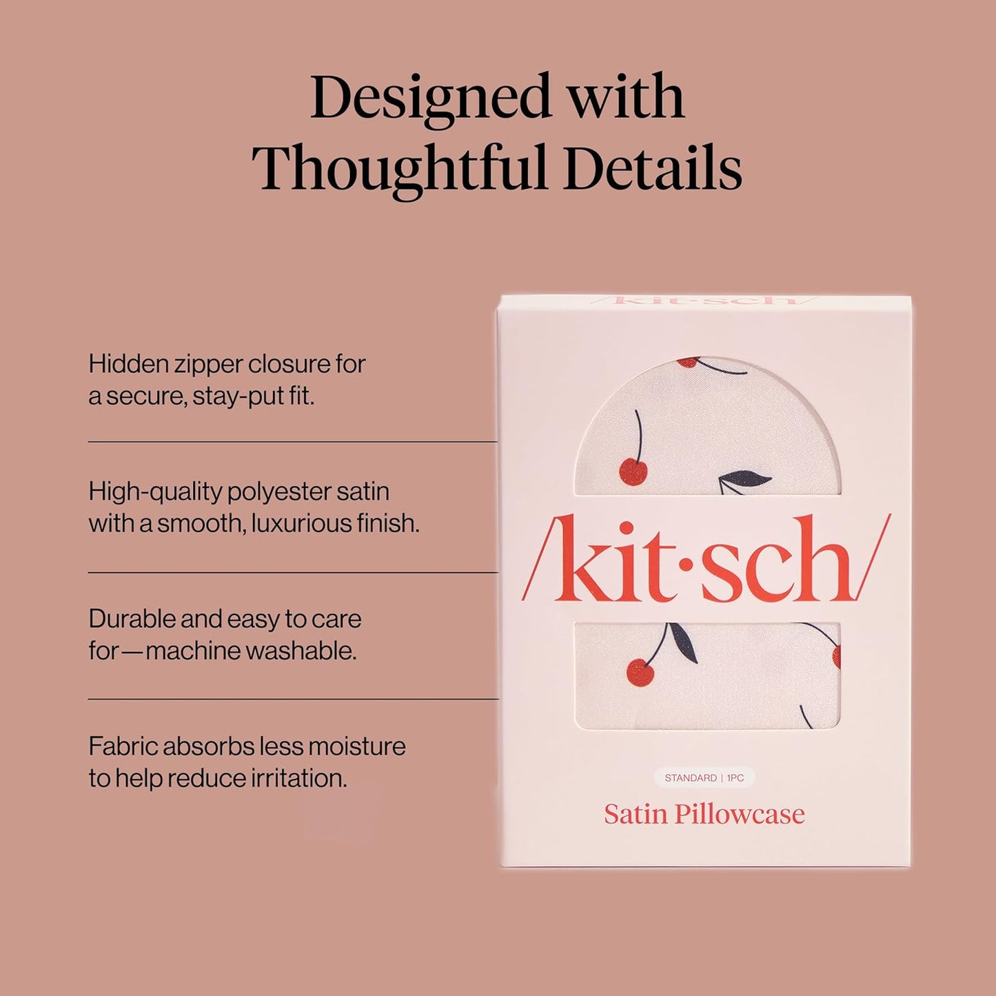 Kitsch Satin Pillowcase with Zipper for Hair & Skin - Softer Than Silk Pillow Cases, Smooth Cooling Satin Pillow Case, Wrinkle-Free, Machine Washable - Pillow Cases Standard Size (19x26) - Blush