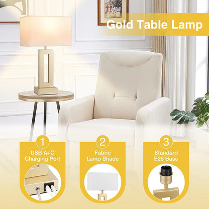 Gold Table Lamps Set of 2, 16.4" Bedside Lamps for Nightstand with USB C+A