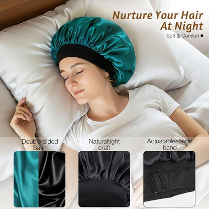 Silk Bonnet for Sleeping Double Layer Satin Bonnet Adjustable Bonnets for Black Women Sleep Cap Reversible Hair Bonnet for Curly Hair (Black and Purple)