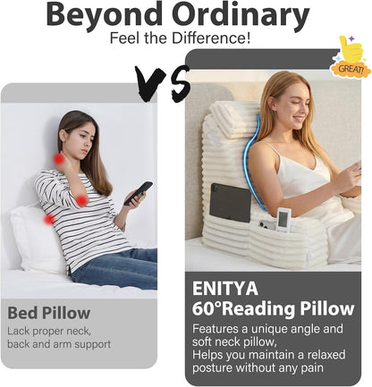 ENITYA 22" XL Back Pillow for Bed Sitting Up, Reading Pillow with Armrests & Big Pockets, Soft Back Support Chair, Ideal for Watching TV, Gaming, Nursing, Resting, Post Surgery, Dark Grey