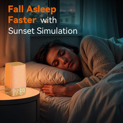 10-60 Mins Simulated Sunrise Alarm Clock: Gentle Wake Up Light with Adjustable Brightness, 32-Level Volume, Bright & Loud Enough for Dark Morning Bedroom - White Noise Machine with 30 Soothing Sounds