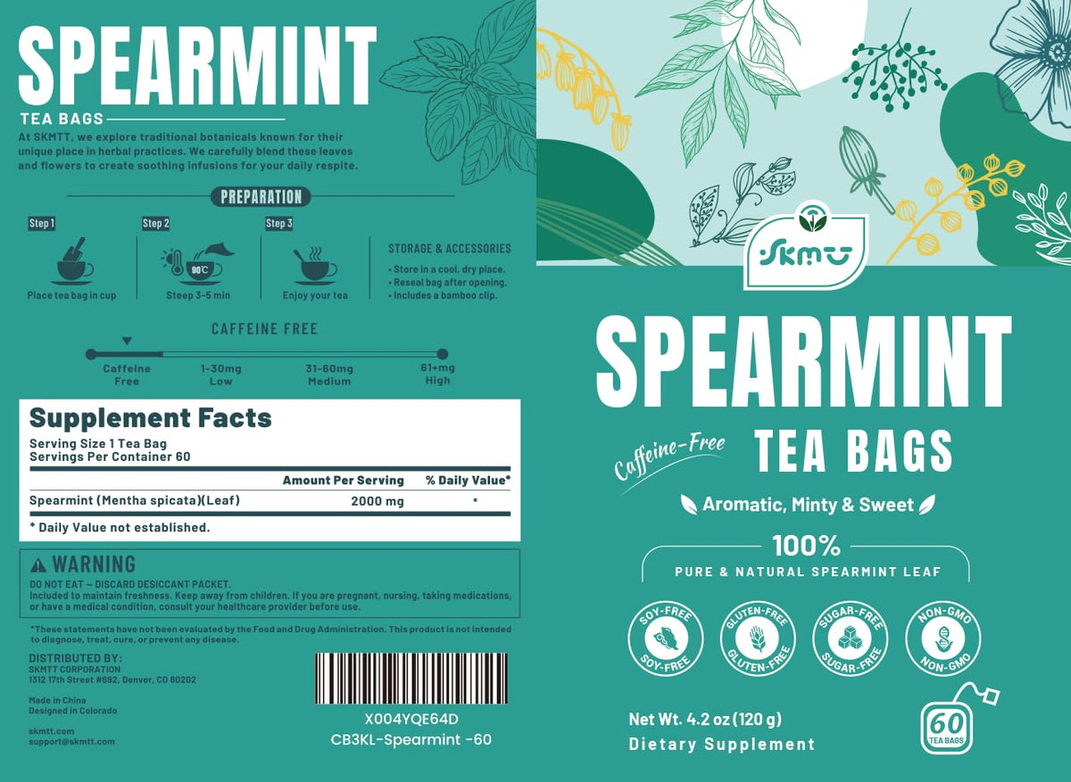 SKMTT Spearmint Tea Bags, Refreshing Mint Herbal Tea, Caffeine Free, 60 Ct