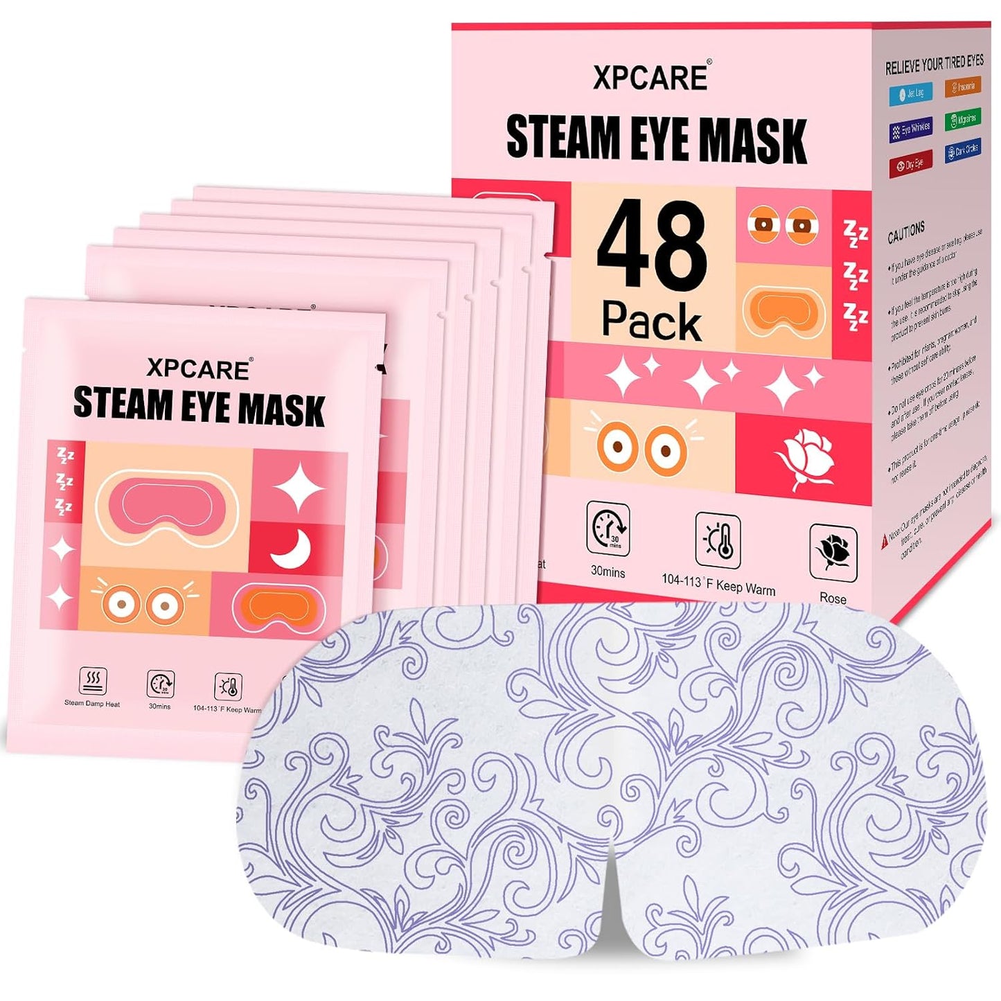 XPCARE 48 Pack Steam Eye Masks for Dry Eyes, Self Heated Steam Warm Eye Mask, Disposable Heated Eye Mask for Dark Circles, Puffy Eyes, Relief Stress Eye Fatigue（Lavender）