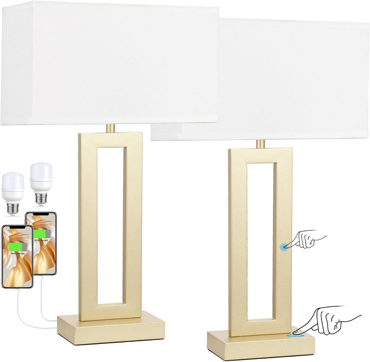 Gold Table Lamps Set of 2, 16.4" Bedside Lamps for Nightstand with USB C+A