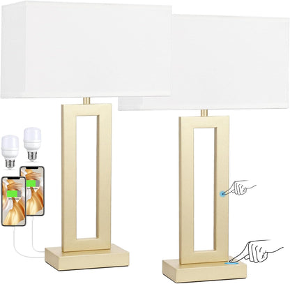 Gold Table Lamps Set of 2, 16.4" Bedside Lamps for Nightstand with USB C+A