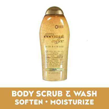 OGX Smoothing + Coconut Coffee Exfoliating Body Scrub with Arabica Coffee & Coconut Oil, Moisturizing Body Wash for Dry Skin, Paraben-Free with Sulfate-Free Surfactants, 19.5 Fl Oz, 2 Pack