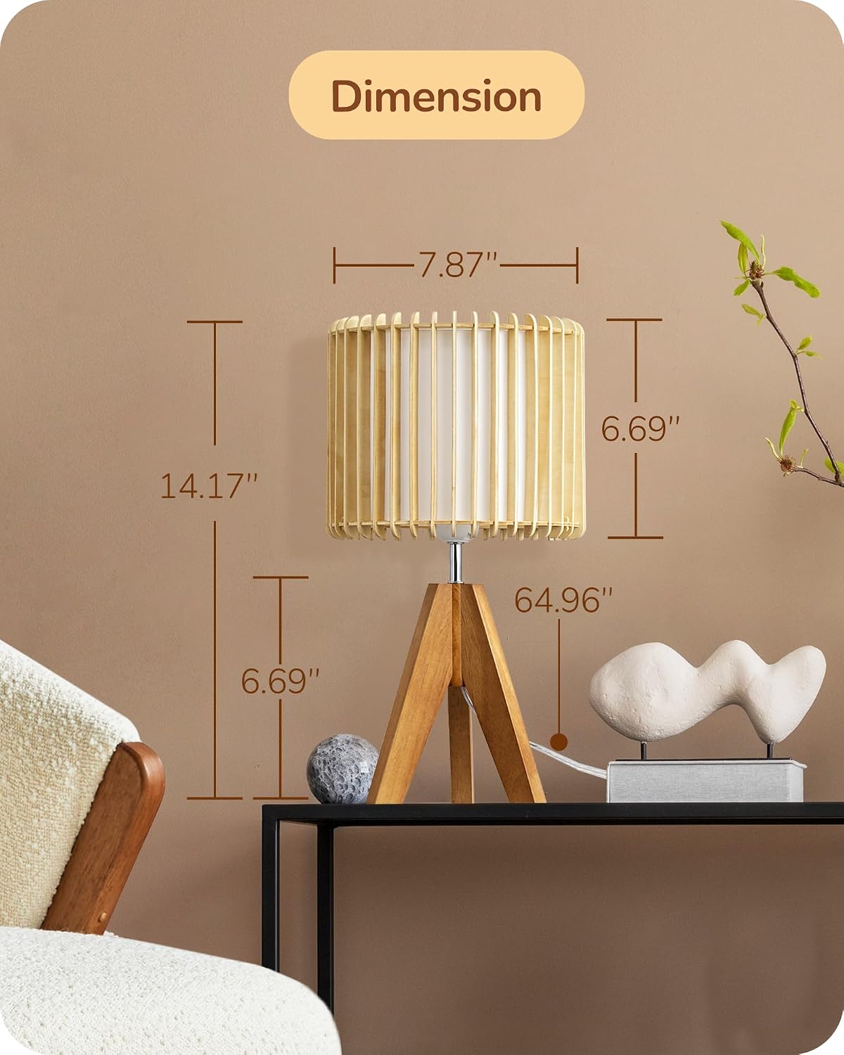 EDISHINE Tripod Table Lamp, Small Cute Bedside Lamp with Linen Beige Lampshade, Nightstand Lamp for Nursery, Bedroom, Kid Room, Living Room, Light Brown Wooden Base, E26 Socket, 14.2 Inch