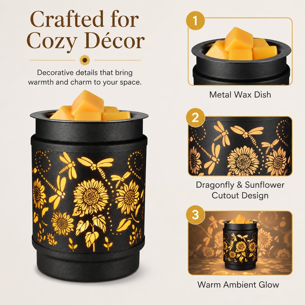 kobodon Wax Melt Warmer Metal Wax Warmer for Scented Wax Electric Fragrance Candle Oil Burner 2 in 1 Wax Melts as Gifts for Moms Grandma Women Girls(Sunflower)