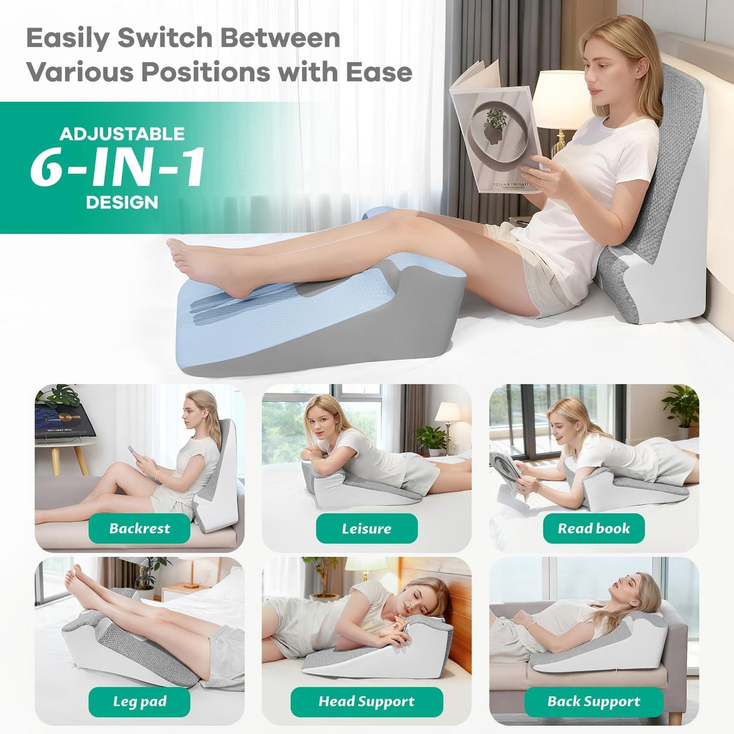 Ergonomic Wedge Pillow for Sleep Apnea Memory Foam Reading Pillow for Back, Neck & Head Comfortable Support-Grey(Extra Large)