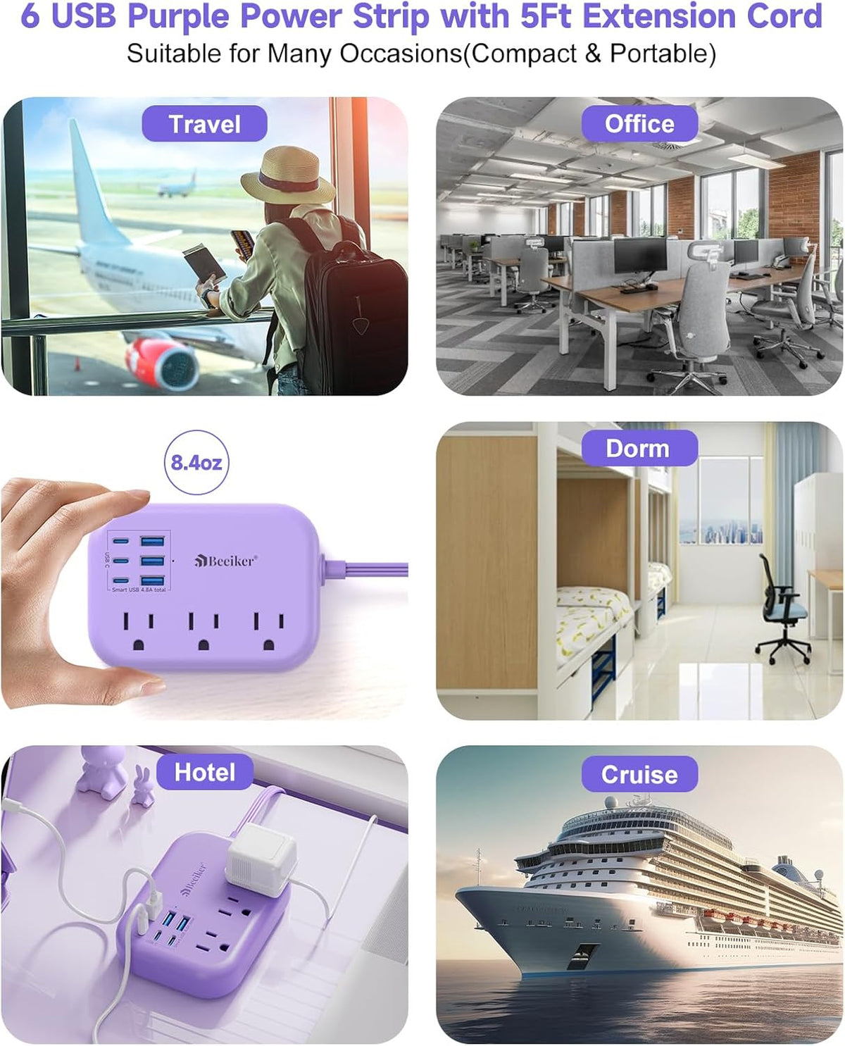 6 USB(3 USB C) Power Strip- Travel Power Strip with 6 USB Desktop Charging Station 24W/4.8A and 3 Outlets, 5Ft Flat Plug Braided Extension Cord, Non Surge Protector for Cruise Ship Travel Office Dorm