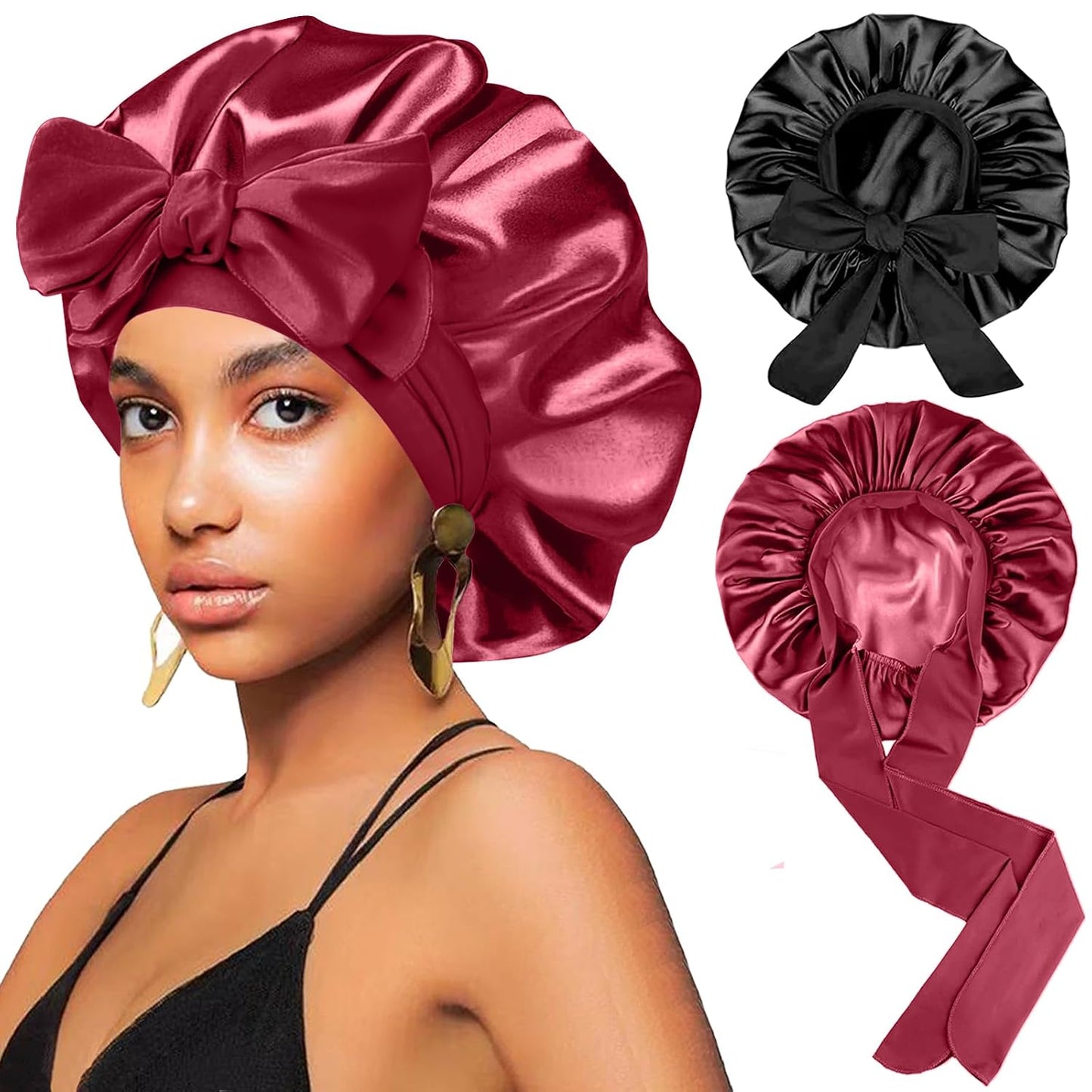 2Pcs Silk Hair Satin Bonnet for Sleeping Women,Large Satin Sleep Bonnets for Women with Elastic Tie Band Silk Hair Wrap with Ajustable Straps,Night Sleep Cap for Curly Braids,Black+Rose Gold