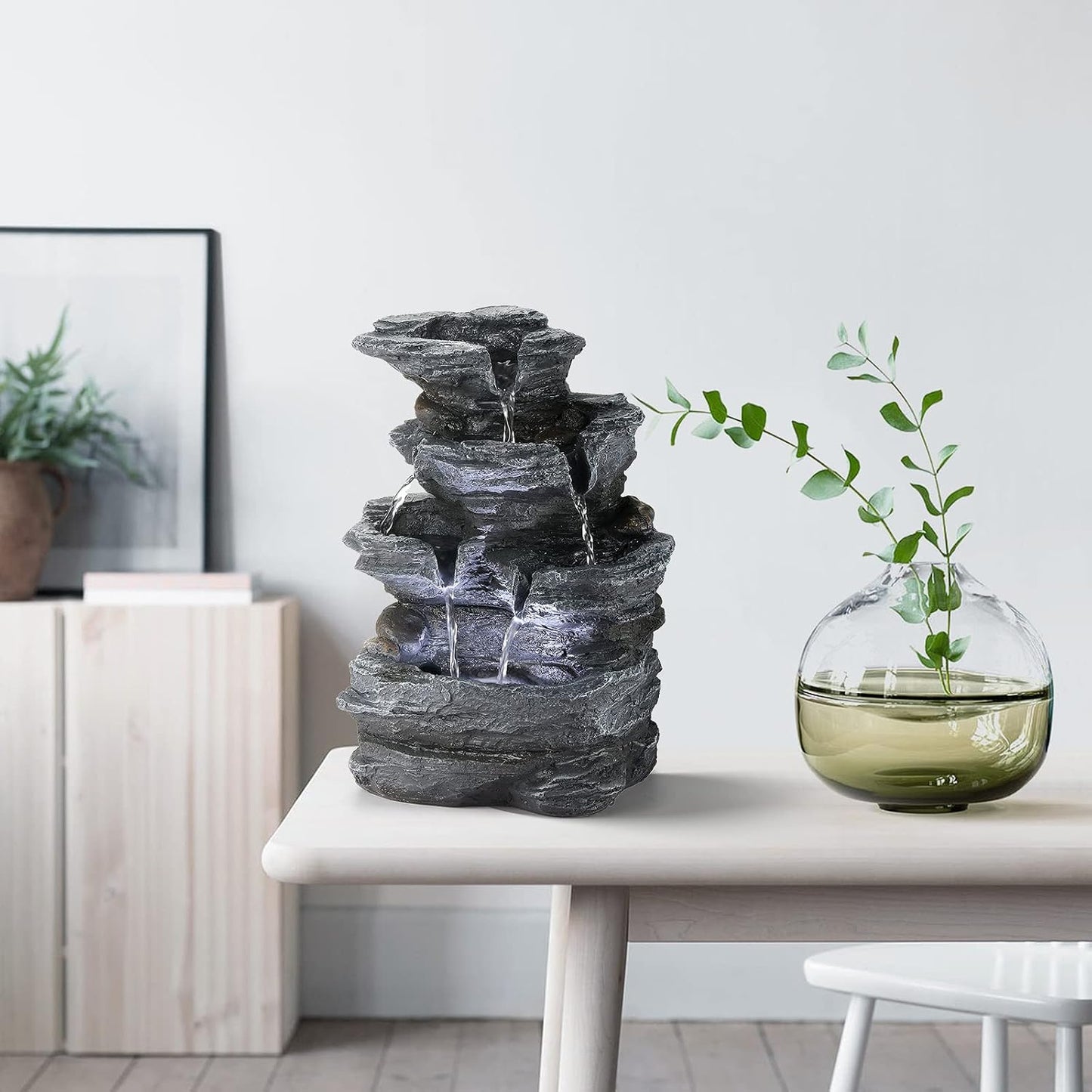 WICHEMI Indoor Fountain Tabletop Fountain Waterfall Fountains Stacked Rocks | Desktop Fountain With LED Light, Soothing Sound, Stress Relief, Humidifies Air, No Plumbing, Easy Setup, 11.8"X8.7"X5.9"