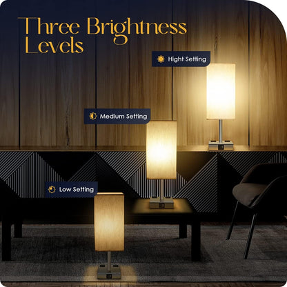 Bedside Table Lamp for Bedroom - Touch Small Lamp with USB C+A Charging Ports & AC Outlets, 3 Way Dimmable Nightstand Light for Living Room (LED Bulb Included, Grey)