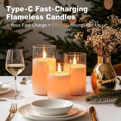 LEDHOLYT Rechargeable Flameless Glass Pillar Candles–Gifts for Women,–Set of 3, Realistic Flickering LED Flame,Remote & Timer, Ideal for Living Room, Bedroom & Halloween Festival Home Party Decor