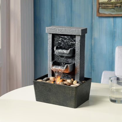 GOSSI Indoor Waterfall Fountain, 10.3" Tabletop Water Fountain with LED Lights & River Rocks, Relaxing Home Office Decor