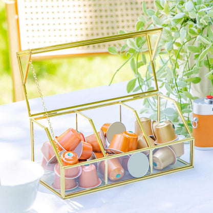 NCYP Glass Tea Bags Organizer with 5 Grids Compartments, Indoor Counter Top Brass Display Case with Lid, Storage Box, Gold, Decor, Teabag Storage, 14.5 x 3.6 x 3.66 Inches (Glass Box Only)