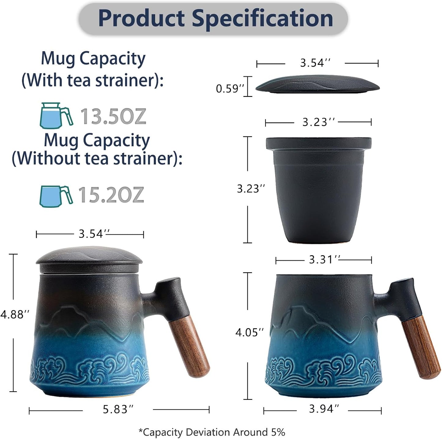 ZENS Embossed Ceramic Tea Mug with Infuser and Lid, 14.5 oz Wooden Handle, Loose Leaf Tea Steeper Cup & Strainer for Tea Lovers Gifts