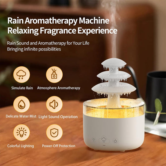 Bedroom Cloud Rain Humidifier, Essential Oil Diffuser with 7-Color LED Mood Light, Bedroom Sleep Aid with White Noise Rain Sound, Auto Shutdown Protection, Suitable for Home/Office/Daycare (White)