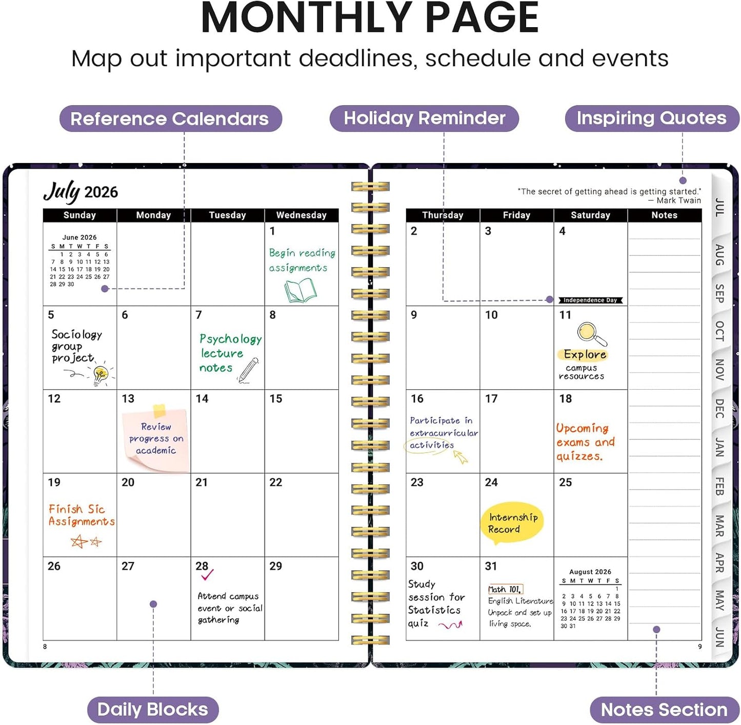 Planner 2026-2027, Academic Monthly and Weekly Calendar Planner for Women, July 2026 - June 2027, Hardcover Pretty Agenda Planner Book with Tabs, Spiral Daily Organizer for School Office Home Supplies, 6.3" x 8.5" - Blue Floral