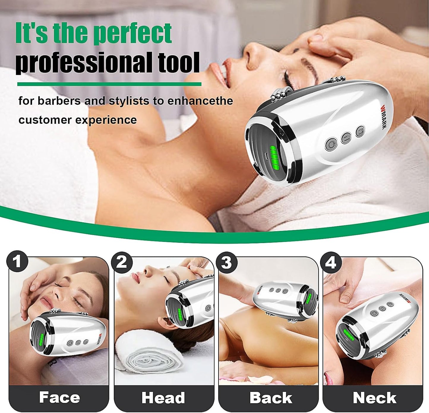 WMARK Barber Massager/Cordless Handheld Massager, Charge Neck/Legs/Hand/Face Massager, 2 Massage Nodes 2600AMH，Golden