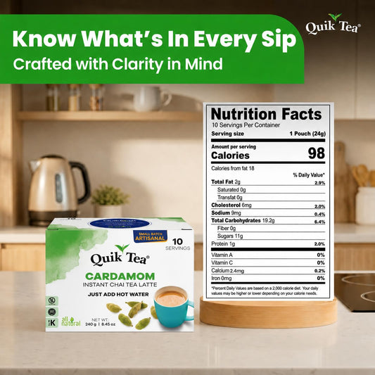 QuikTea Instant Cardamom Chai Tea Latte, 10 Single-Serve Sachets, Artisanal Indian Chai Latte Mix, Just Add Hot Water, Low Caffeine, Non-GMO, Gluten Free