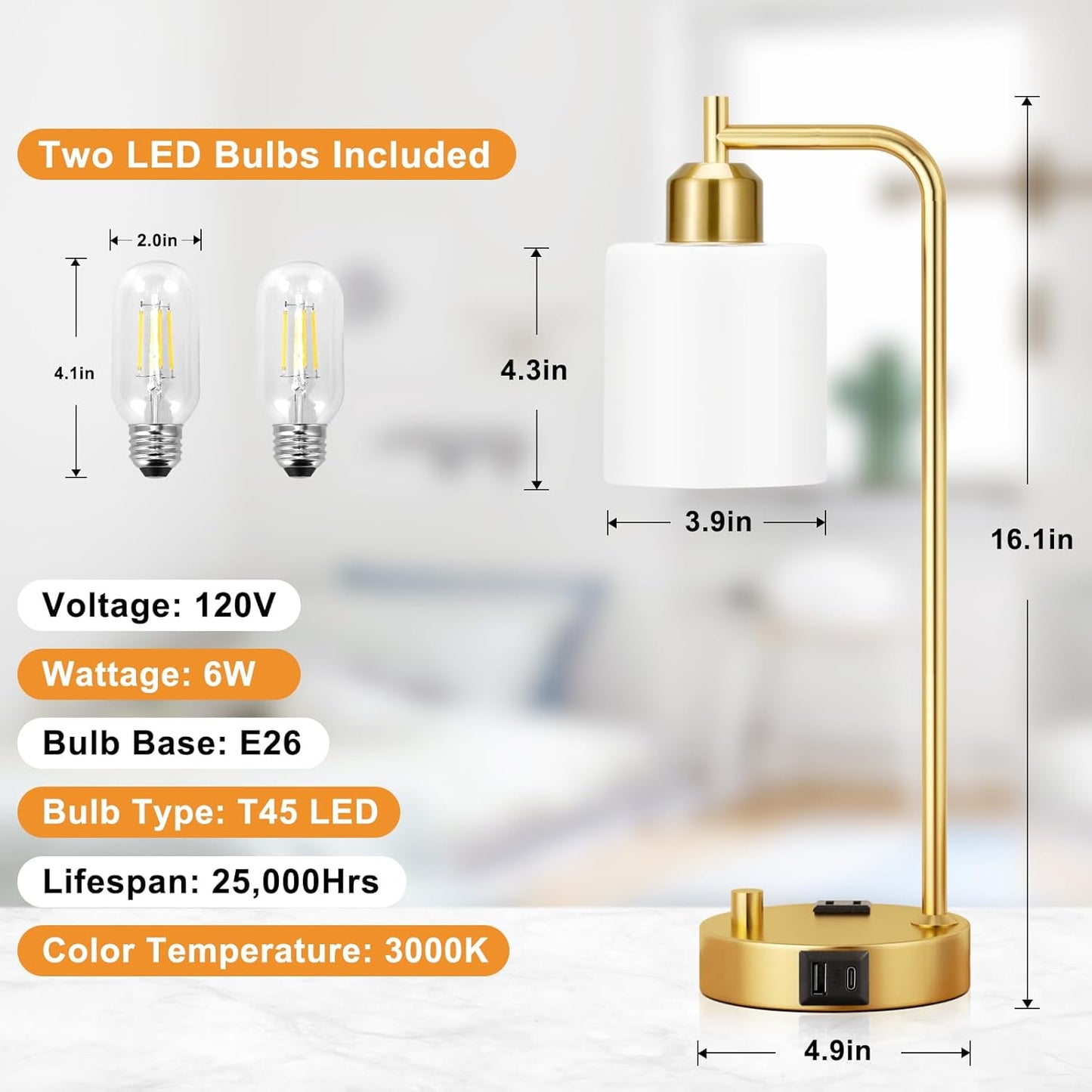 Industrial Table Lamps for Bedrooms Set of 2 - Fully Dimmable Bedside Lamps with USB A and C Ports and Outlet, Black Nightstand Lamps with Glass Shade for Living Room, Desk Lamps for Office Reading