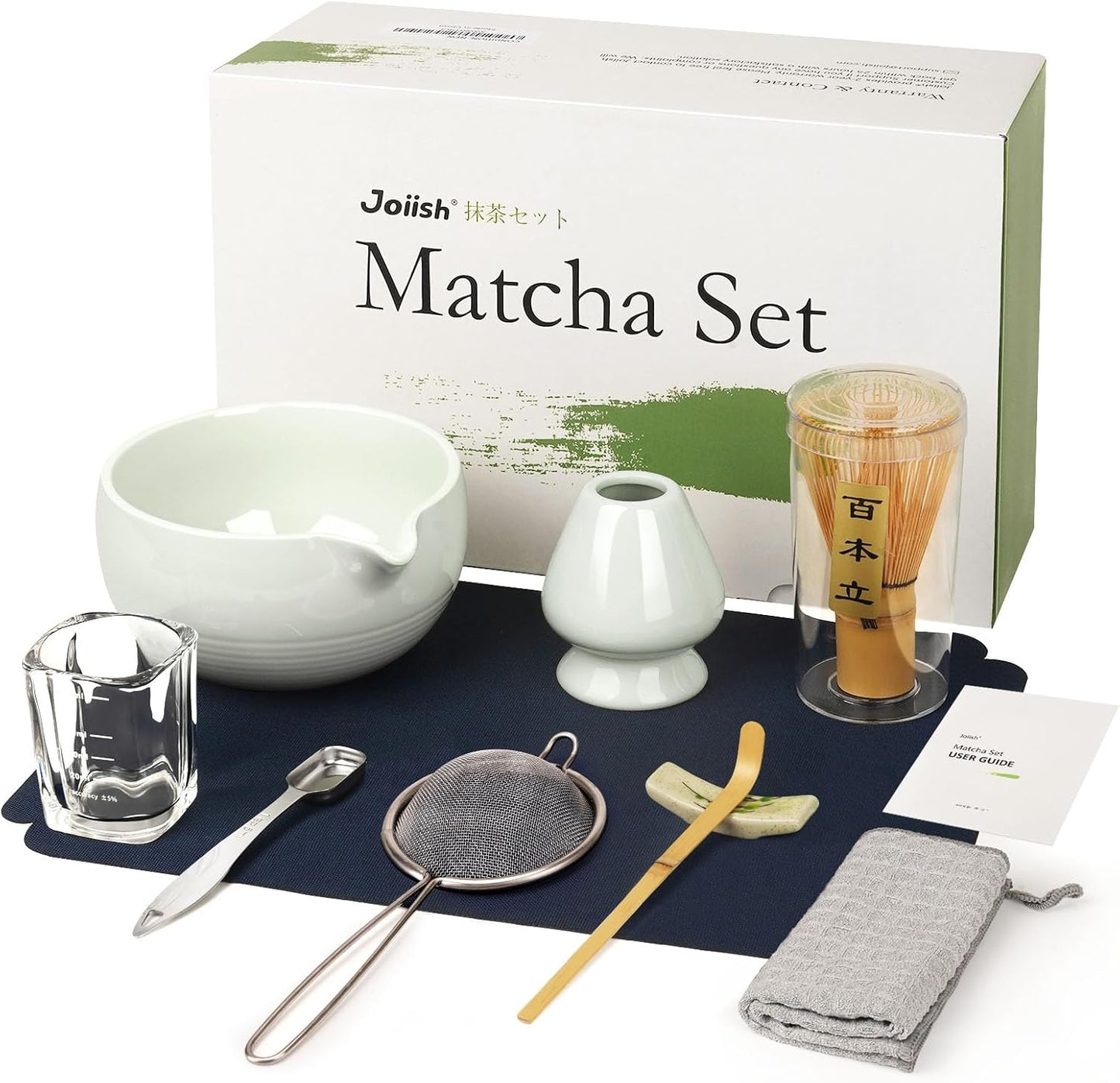 Joiish Matcha Whisk Set, Matcha Kit 10-Pcs, Bamboo Whisk and Ceramic Bowl with Spout & Measuring Spoon & Cup, Japanese Ceremony Matcha Tea Powder Making Tools, Light Green