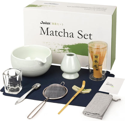 Joiish Matcha Whisk Set, Matcha Kit 10-Pcs, Bamboo Whisk and Ceramic Bowl with Spout & Measuring Spoon & Cup, Japanese Ceremony Matcha Tea Powder Making Tools, Light Green