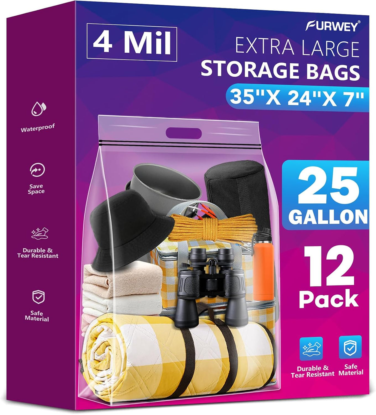 FURWEY 25 Gallon Storage Bags,35x24,Clear Resealable,Heavy Duty 4 Mil