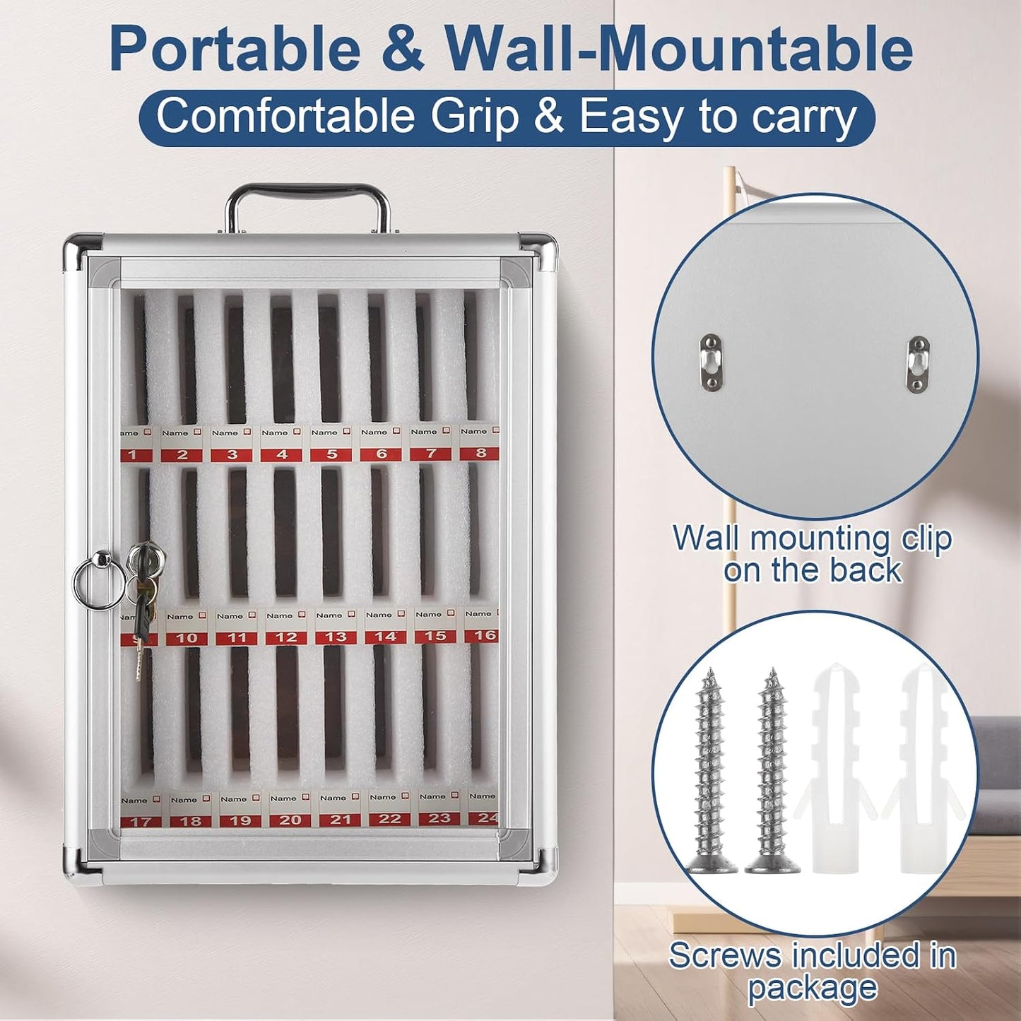 Aluminum Cell Phone Lock Box with Key 24 Slots Aluminum Alloy Pocket Chart Storage Cabinet for Cell Phone Locker Wall-Mounted Cell Phone Box Cell Phone Storage Cell Phone Jail for Office