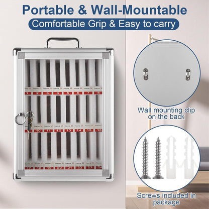 Aluminum Cell Phone Lock Box with Key 24 Slots Aluminum Alloy Pocket Chart Storage Cabinet for Cell Phone Locker Wall-Mounted Cell Phone Box Cell Phone Storage Cell Phone Jail for Office