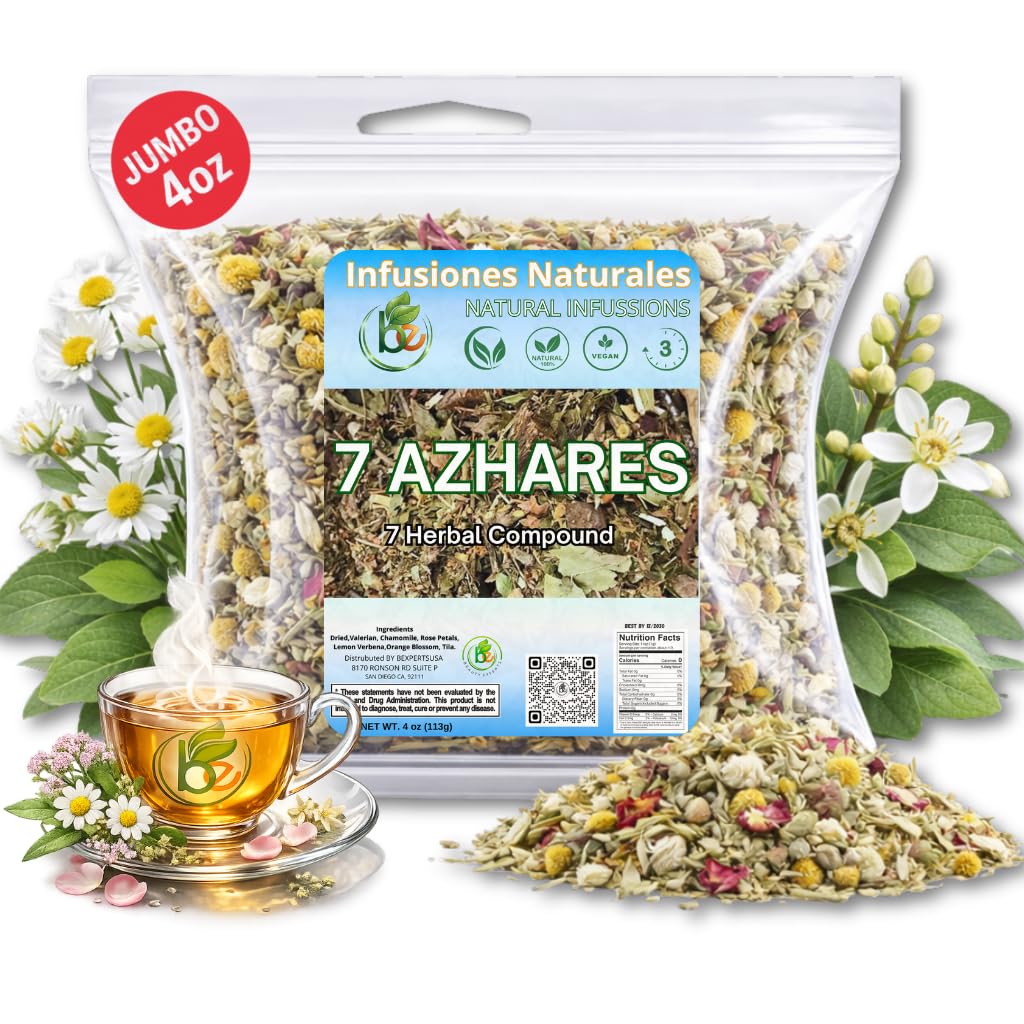 7 Azahares Herbal Tea – 4 oz Loose Leaf Calming Tea Blend – Passion Flower, Valerian, Linden, Orange Blossom, Lemon Balm & More – 100% Natural, Vegan, Non-GMO, Caffeine-Free