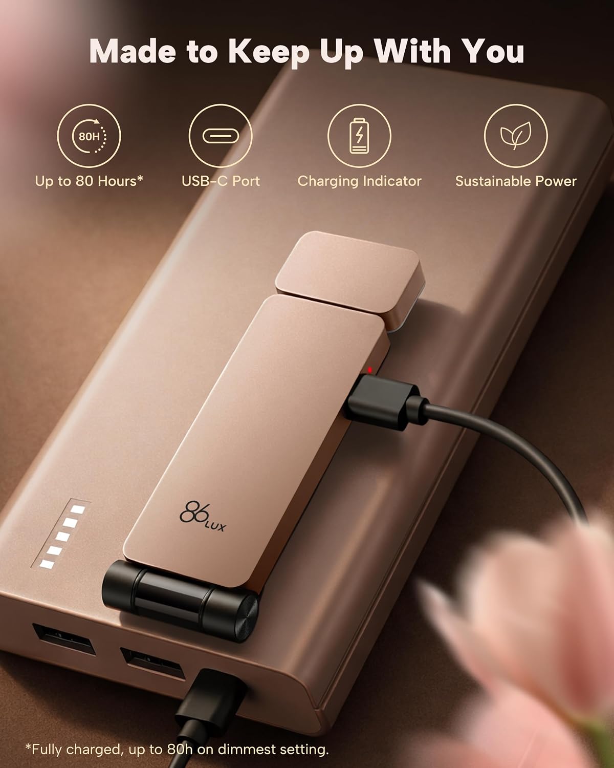 86lux Book Light, Rechargeable Clip-On LED Reading Light for Bed & Night Use - 3 Color Temperatures with Stepless Dimming, Ultralight Bookmark Design for Book Lovers, Grey
