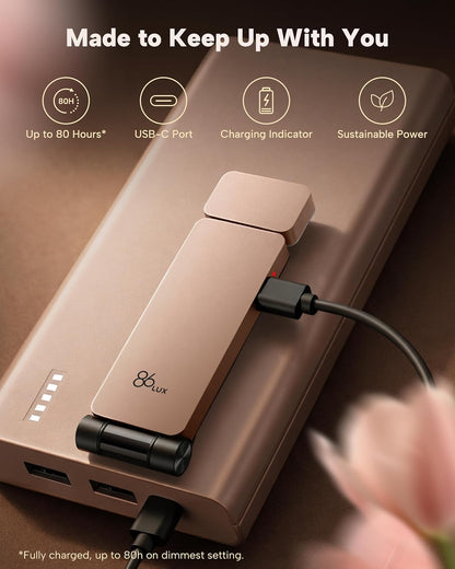86lux Book Light, Rechargeable Clip-On LED Reading Light for Bed & Night Use - 3 Color Temperatures with Stepless Dimming, Ultralight Bookmark Design for Book Lovers, Grey