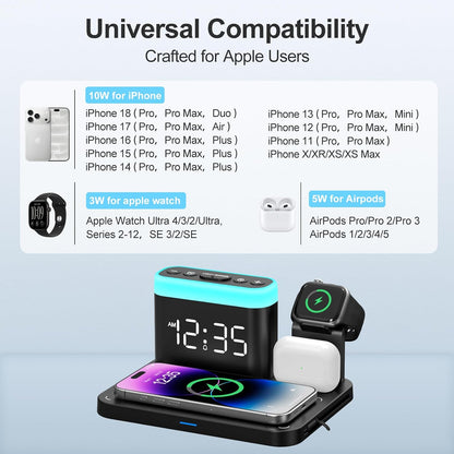 ANJANK Wireless Charging Station,5 in 1 Multiple Charger Stand with Alarm Clock,7 Night Light,Magnetic Charging Dock for iPhone 18 17 16 15 14 13 Pro Max Plus,Apple Watch 11/10/9/8,for Airpods,Bedroom