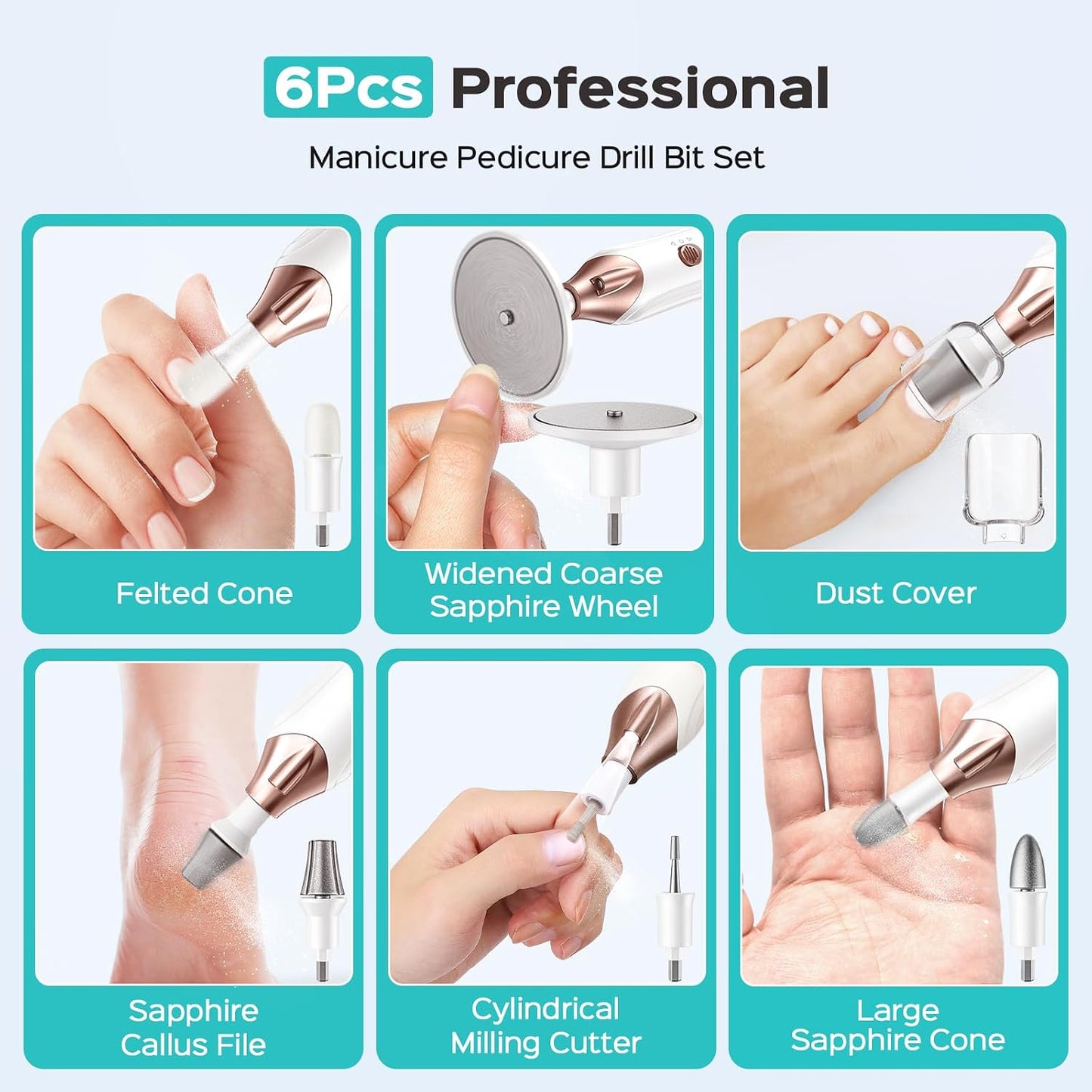 COSLUS C43 Professional Manicure Pedicure Kit, 5-in-1 Electric Nail File for Toenail Hand Feet, Basic & Thick Nails Care, Cordless, 5 Speeds, for Men Women Seniors Home Salon, Wider Grinder, White