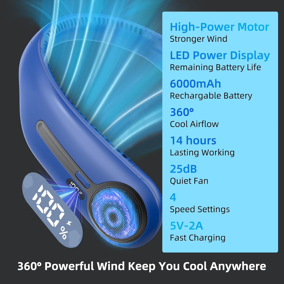 Portable Neck Fan, Personal Wearable Bladeless Fan, 6000mAh USB Rechargeable, 360° Airflow, LED Display, 4-Speeds, Hands Free Fan for Outdoor Indoor, Birthday Gifts for Men Women Dad Mom (Black)