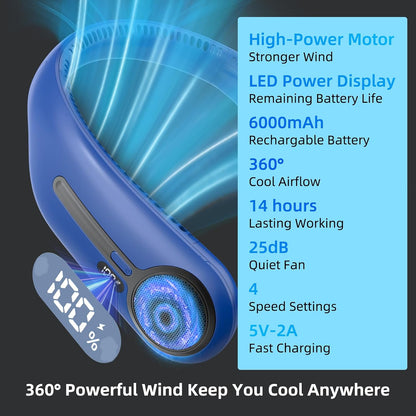 Portable Neck Fan, Personal Wearable Bladeless Fan, 6000mAh USB Rechargeable, 360° Airflow, LED Display, 4-Speeds, Hands Free Fan for Outdoor Indoor, Birthday Gifts for Men Women Dad Mom (Black)