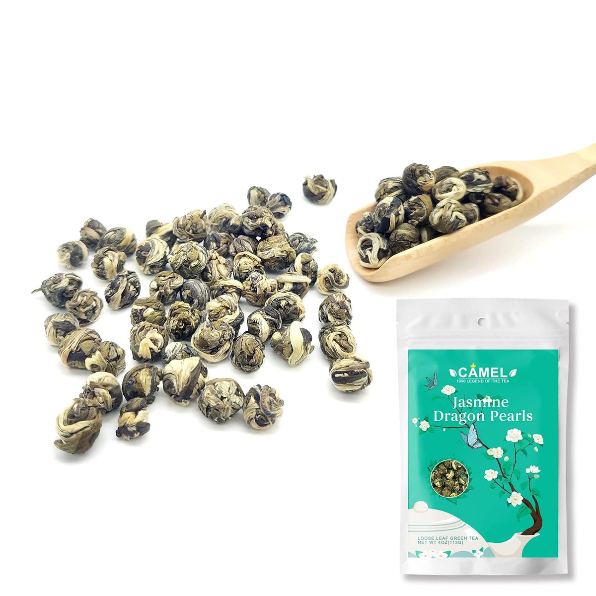 CAMEL Jasmine Green Tea - Loose Leaf Dragon Pearls, 4 oz, Natural Jasmine Aroma, Mellow Taste, Detox, Gluten Free, Vegan