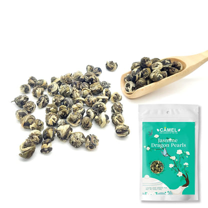 CAMEL Jasmine Green Tea - Loose Leaf Dragon Pearls, 4 oz, Natural Jasmine Aroma, Mellow Taste, Detox, Gluten Free, Vegan