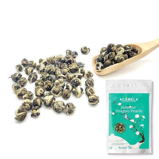 CAMEL Jasmine Green Tea - Loose Leaf Dragon Pearls, 4 oz, Natural Jasmine Aroma, Mellow Taste, Detox, Gluten Free, Vegan