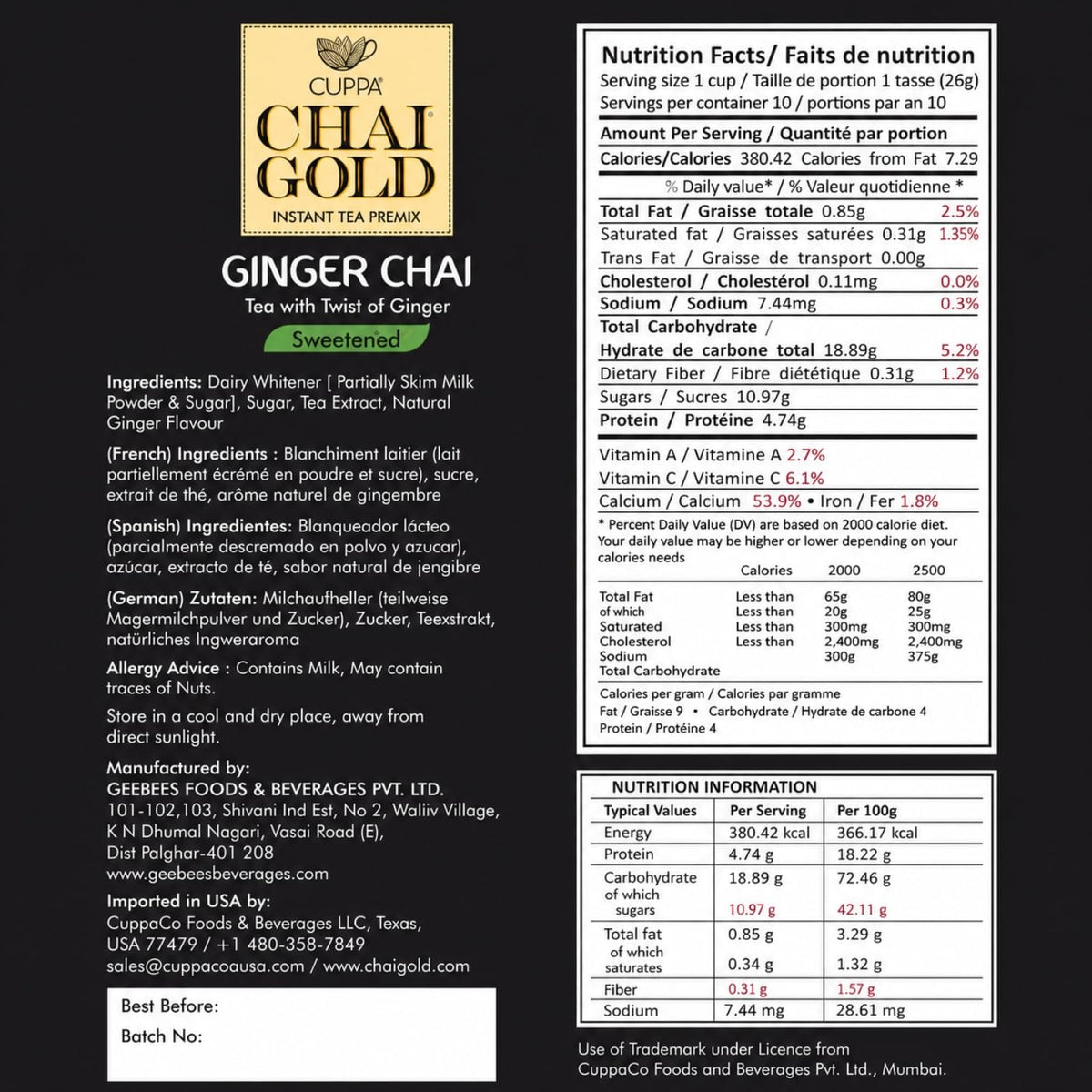 Cuppa Chai Gold Cardamom Chai Instant Tea Premix Sweetened, Rich Cardamom Flavor Tea Beverage Mix, Smooth Creamy Taste, Just Add Hot Water, Convenient Single-Serve Sachets for Home, Office & Travel, 10 Count