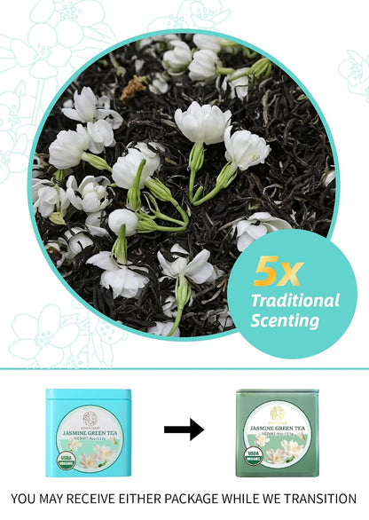 Essencesip Organic Jasmine Green Tea Loose Leaf, 4oz Tin – Scented 5x with 6,000 Fresh Jasmine Blossoms, Low Caffeine, Antioxidant-Rich