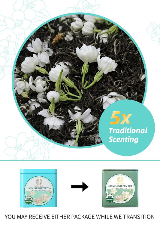 Essencesip Organic Jasmine Green Tea Loose Leaf, 4oz Tin – Scented 5x with 6,000 Fresh Jasmine Blossoms, Low Caffeine, Antioxidant-Rich