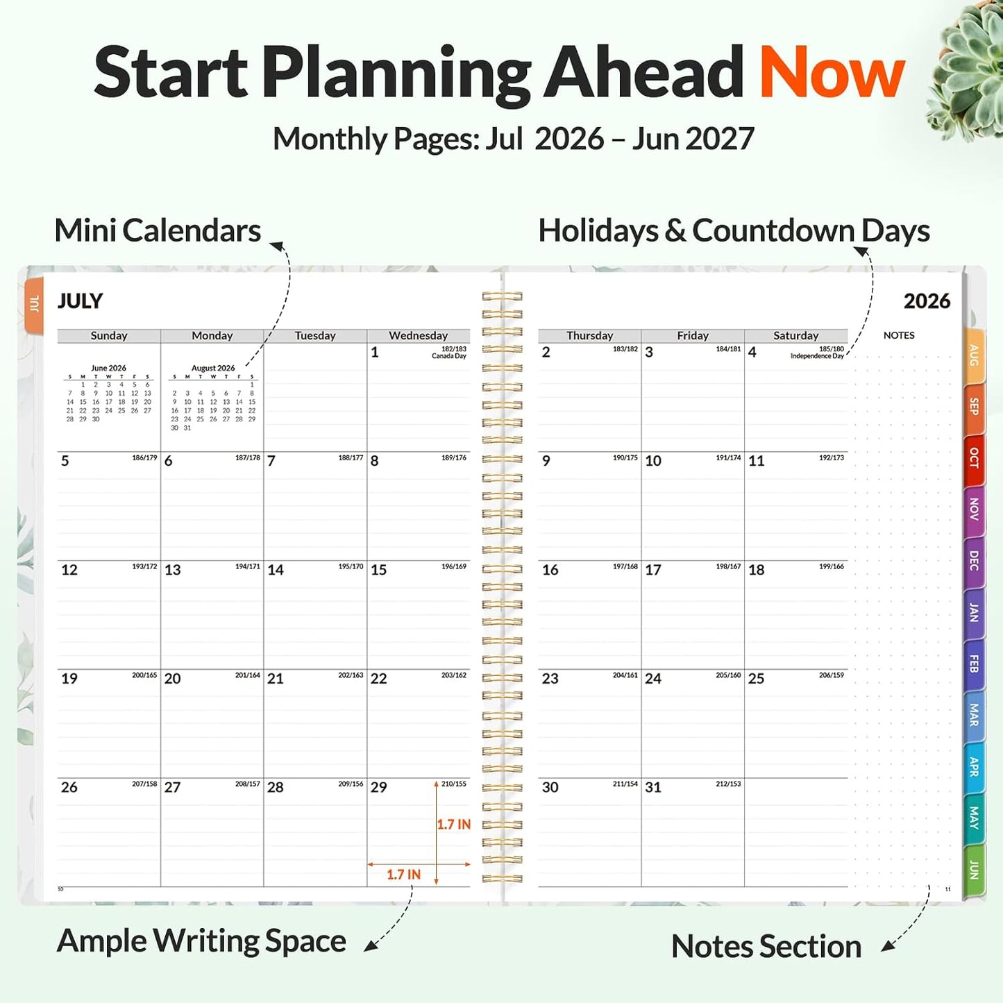 SUNEE Academic Planner 2026-2027 – Weekly & Monthly Planner, July 2026 to June 2027, 6.4"x8.3", Thick Paper, Tabs, Pockets, Bookmark, Spiral-Bound, Student Teacher Organizer, Black