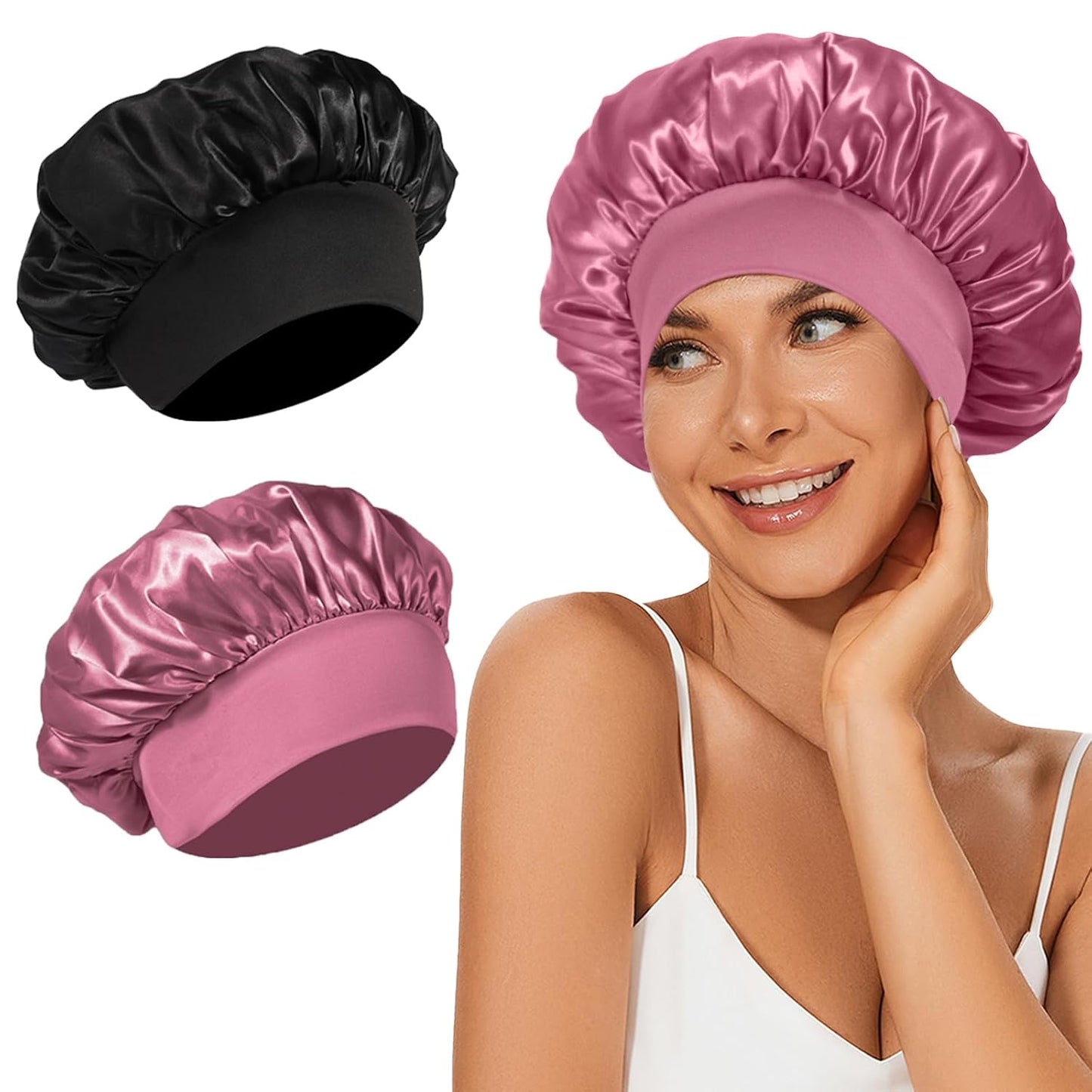 4Pcs Satin Bonnet Silk Bonnet, Hair Bonnet for Sleeping | Elastic Wide Band Silk Sleep Cap, Soft and Breathable, Black Red Purple Gold
