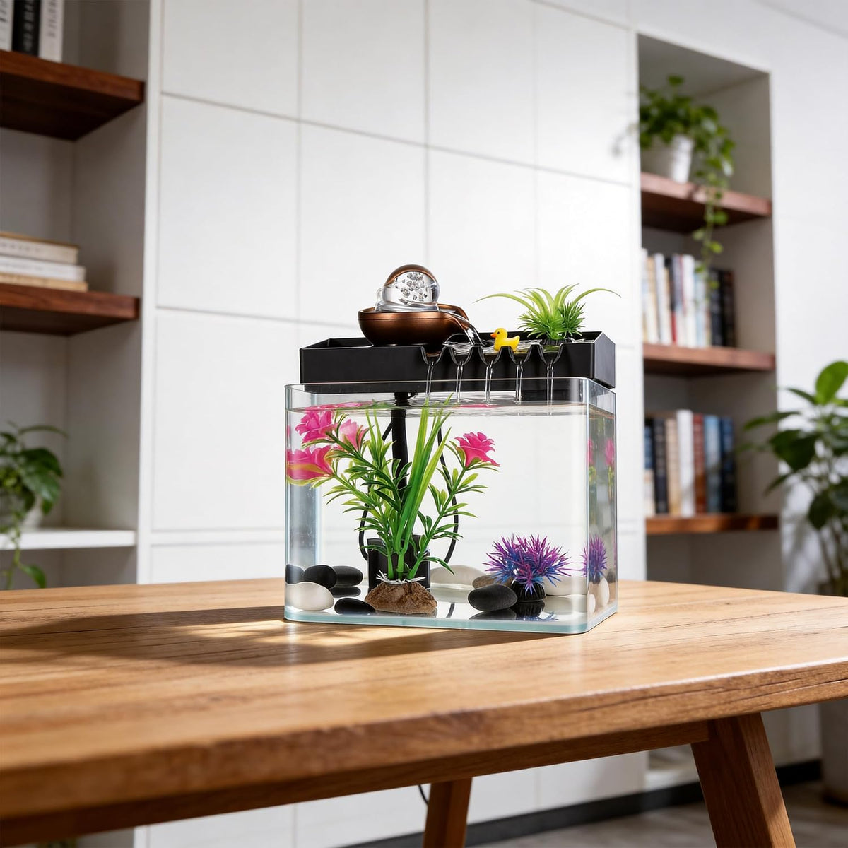 Indoor Water Fountain, 5-in-1 Tabletop Waterfall with Fish Tank & Mist Spray Humidifier, Desktop Fountain for Office Decor, Relaxing Small Water Feature for Bedroom Living Room Home