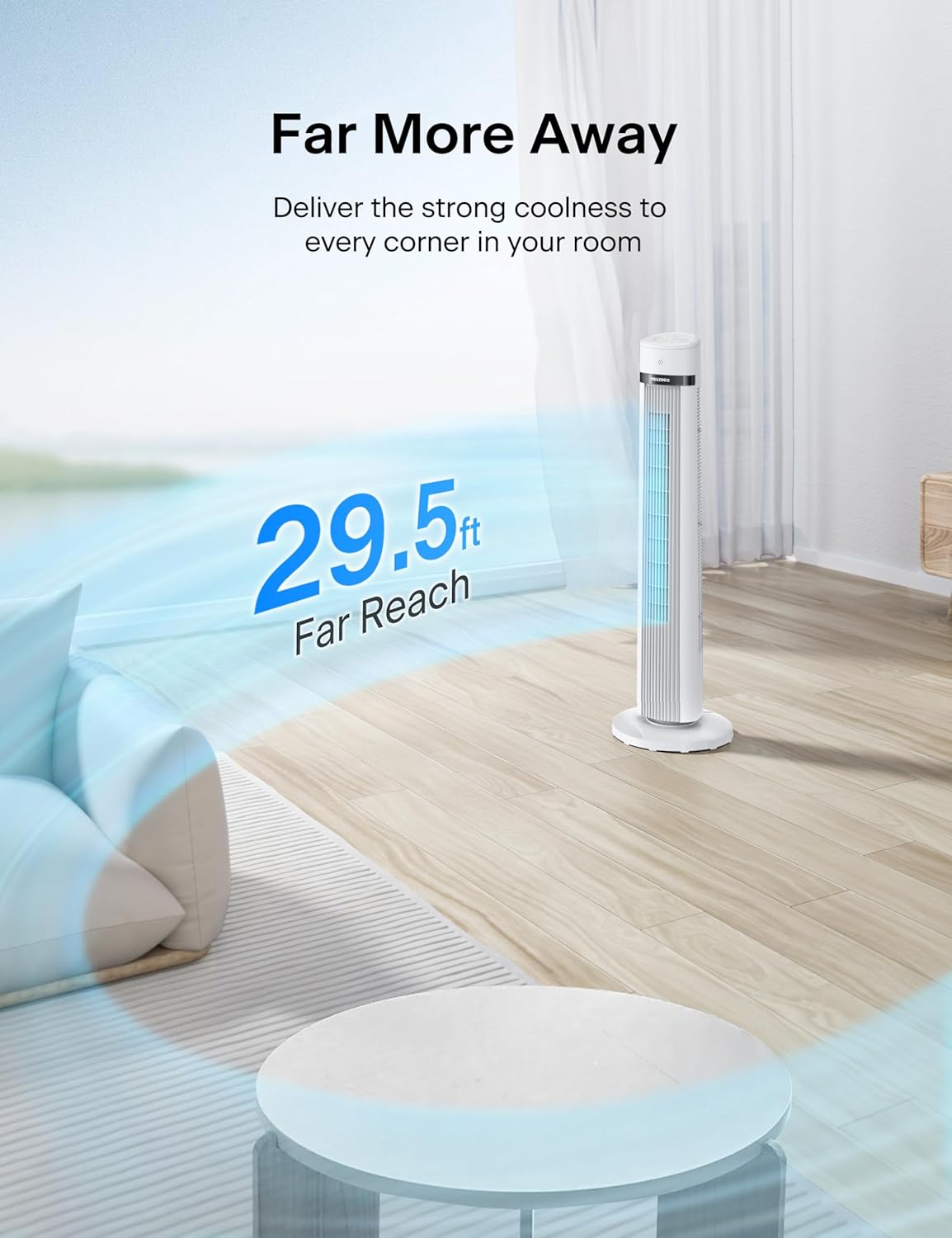 PELONIS 40 inch Bladeless Tower Fan for Bedroom, Standing Fan with Remote Control, 26ft/s, 90° Oscillation, 3 Speed Settings, 27dB, 3 Modes, 15-Hour Timer, LED Display, Fan that Blows Cold Air, White