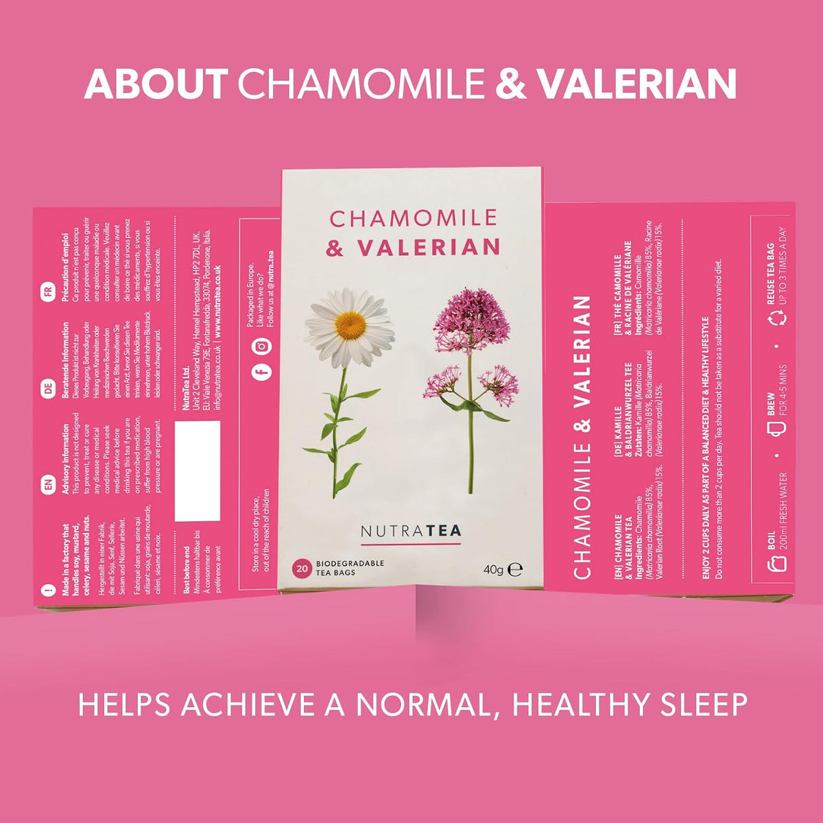 NutraTea Chamomile & Valerian Tea - Bedtime and Night Time Tea - 20 Individually Wrapped Bags (1 Pack)